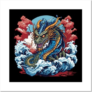 Dragon against the backdrop of a setting sun bathed in ocean waves Posters and Art